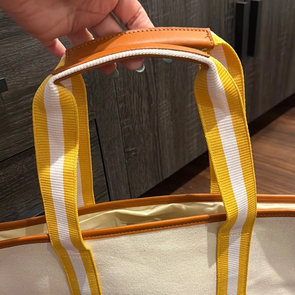 Stylish Canvas Cream and Tan Tote Bag with striped yellow/ white straps NWOT - Picture 2 of 9